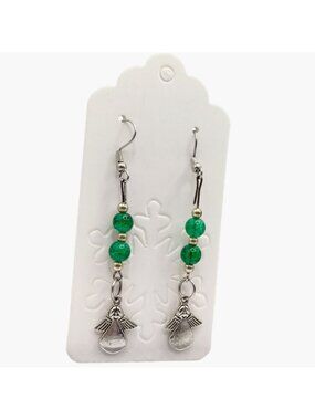Silver Angel earrings Stamped Made for an Angel Shimmer Green Beads Drop Dangle